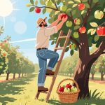 Farmer Harvesting Apples in Orchard - 2D Vector Design