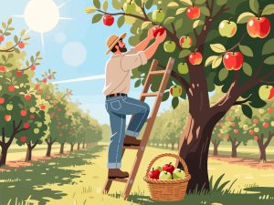 Farmer Harvesting Apples in Orchard - 2D Vector Design