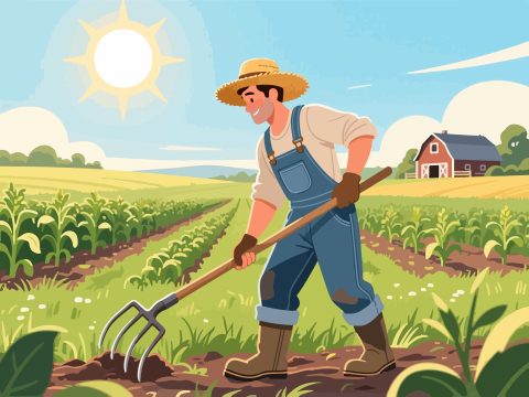 Farmer Working in Field with Pitchfork - 2D Vector Illustration