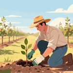 Flat Design of Farmer Planting Trees - 2D Vector Illustration