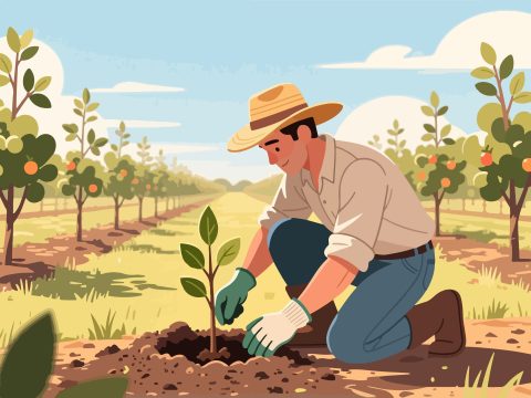 Flat Design of Farmer Planting Trees - 2D Vector Illustration