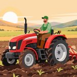 Farmer Plowing Field with Tractor - 2D Vector Illustration