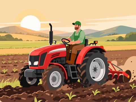 Farmer Plowing Field with Tractor - 2D Vector Illustration