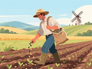 Farmer Sowing Seeds in the Field - 2D Vector Art