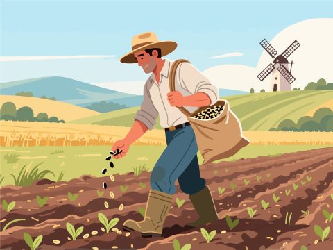 Farmer Sowing Seeds in the Field - 2D Vector Art
