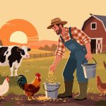 Flat 2D Vector Illustration of Farmer Tending Animals
