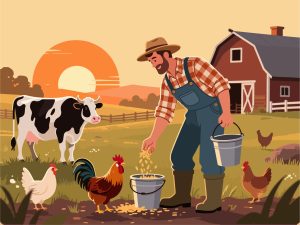 Flat 2D Vector Illustration of Farmer Tending Animals