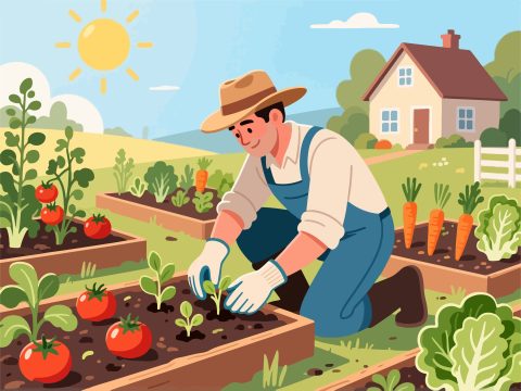 Flat Design of Farmer Tending to Garden - 2D Vector