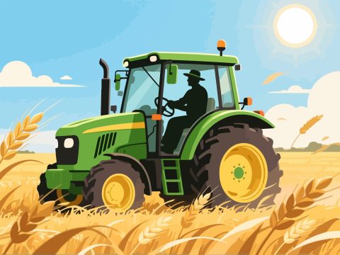 Farmer Driving Tractor in Wheat Field - 2D Vector