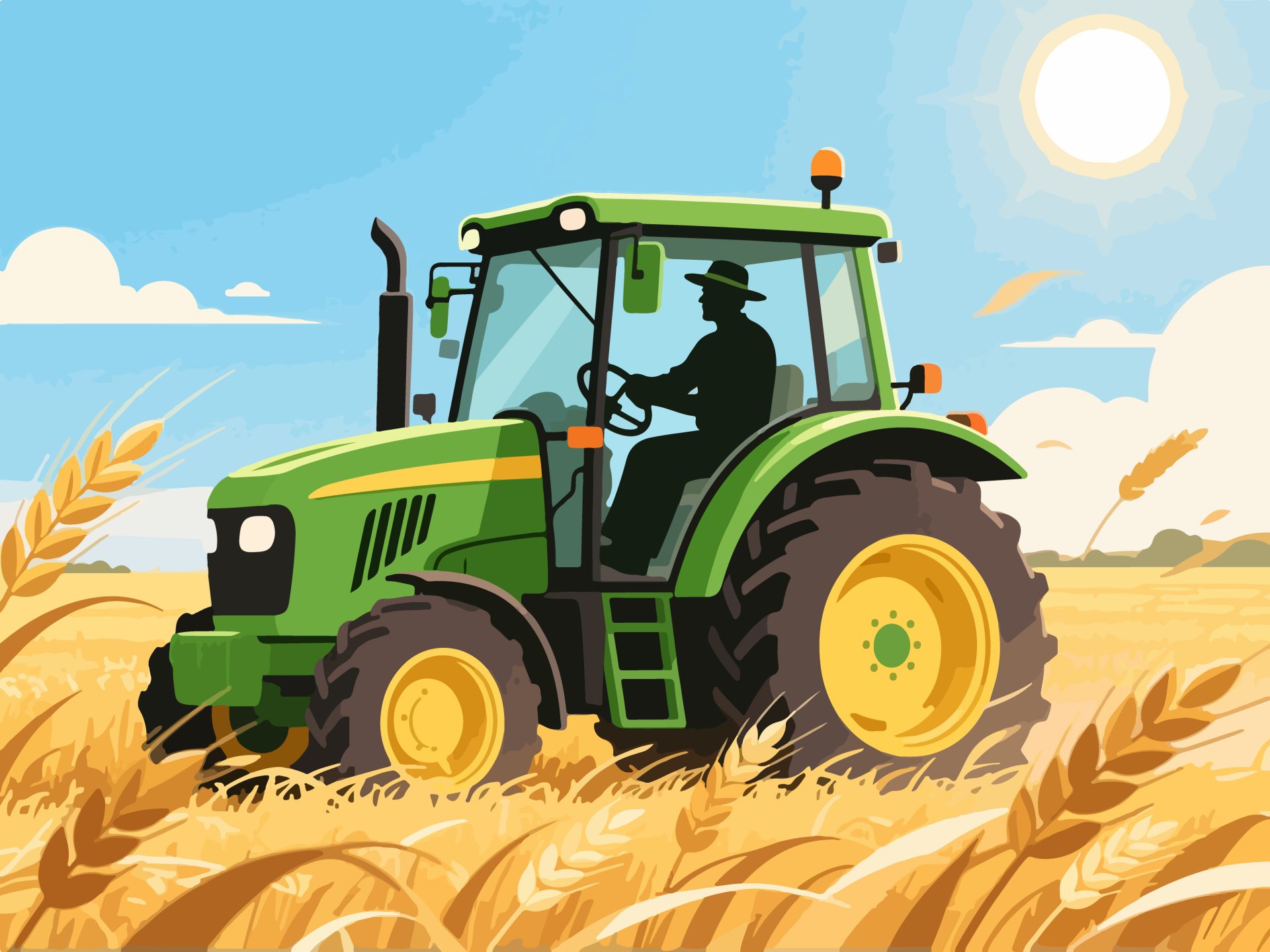 Farmer Driving Tractor in Wheat Field - 2D Vector