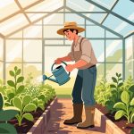 Farmer Watering Plants in Greenhouse - Flat 2D Vector