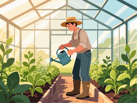 Farmer Watering Plants in Greenhouse - Flat 2D Vector