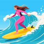 Female Surfer Riding a Wave - Flat 2D Vector Illustration