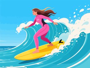 Female Surfer Riding a Wave - Flat 2D Vector Illustration