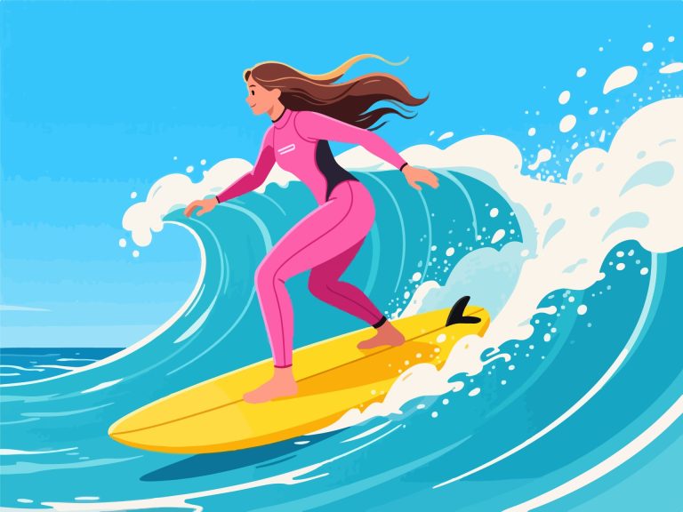 Female Surfer Riding a Wave - Flat 2D Vector Illustration