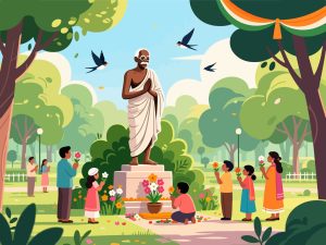 Gandhi Jayanti Tribute in Park - Flat 2D Vector