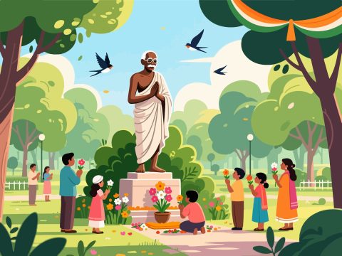 Gandhi Jayanti Tribute in Park - Flat 2D Vector
