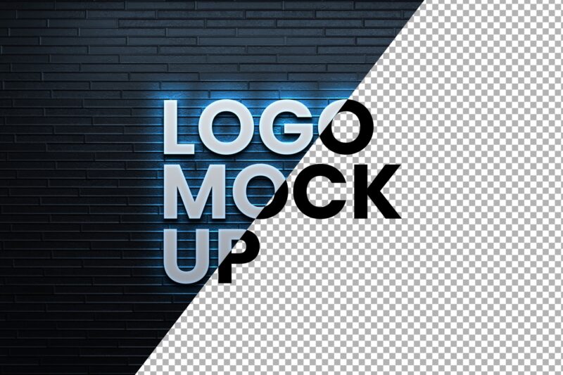 Glow Logo Mockup PSD on Dark Wall