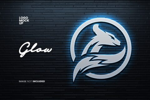 Glow Logo Mockup PSD on Dark Wall