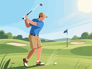 Golfer Mid-Swing on Golf Course - 2D Vector Illustration