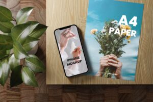 iPhone and A4 Paper Mockup