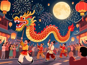Chinese Dragon Dance with Lanterns & Fireworks