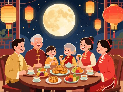 Mid-Autumn Festival Family Gathering with Mooncakes