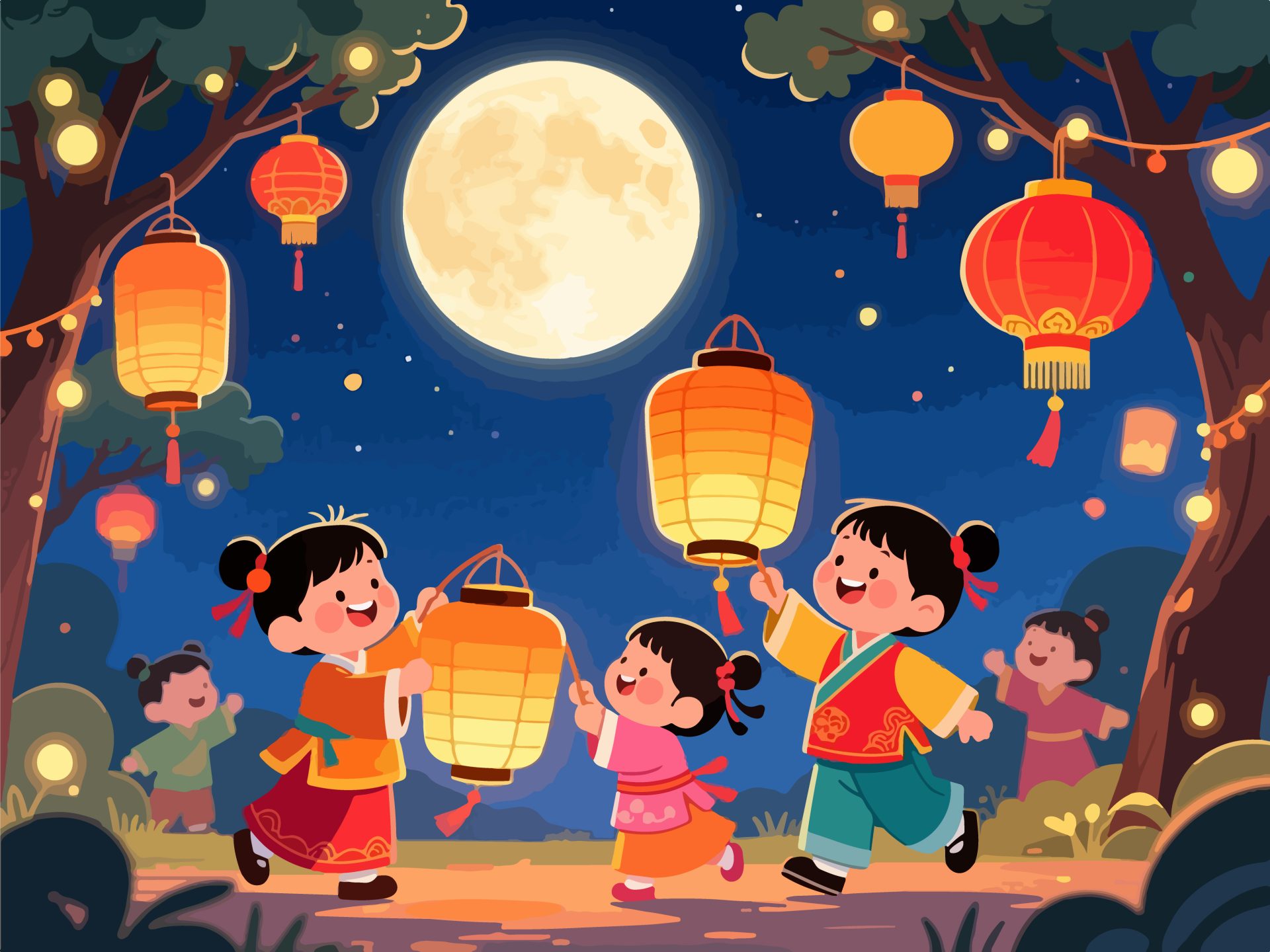 Children Playing with Lanterns - Mid-Autumn Festival