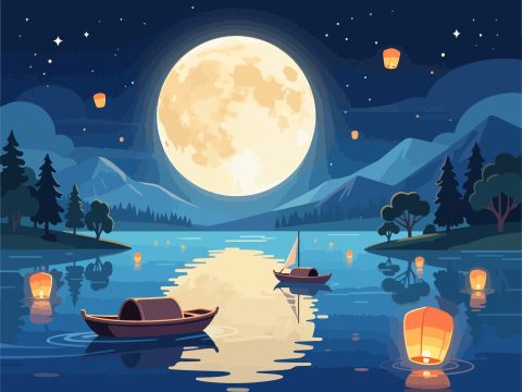 Full Moon Over Tranquil Lake - Mid-Autumn Festival