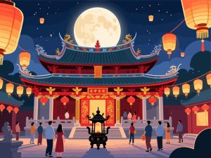 Traditional Chinese Temple with Lanterns - Mid-Autumn