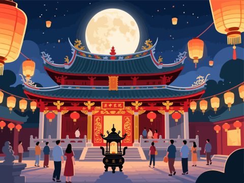 Traditional Chinese Temple with Lanterns - Mid-Autumn