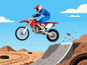 Motocross Rider Jumping Off Ramp - Flat 2D Vector Design
