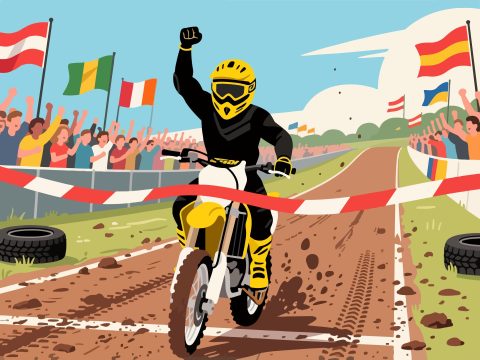Motocross Rider Crossing Finish Line - 2D Vector Illustration