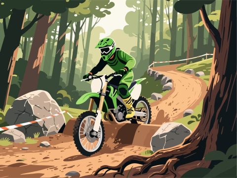 Motocross Rider Navigating Forest Obstacle Course - Flat 2D