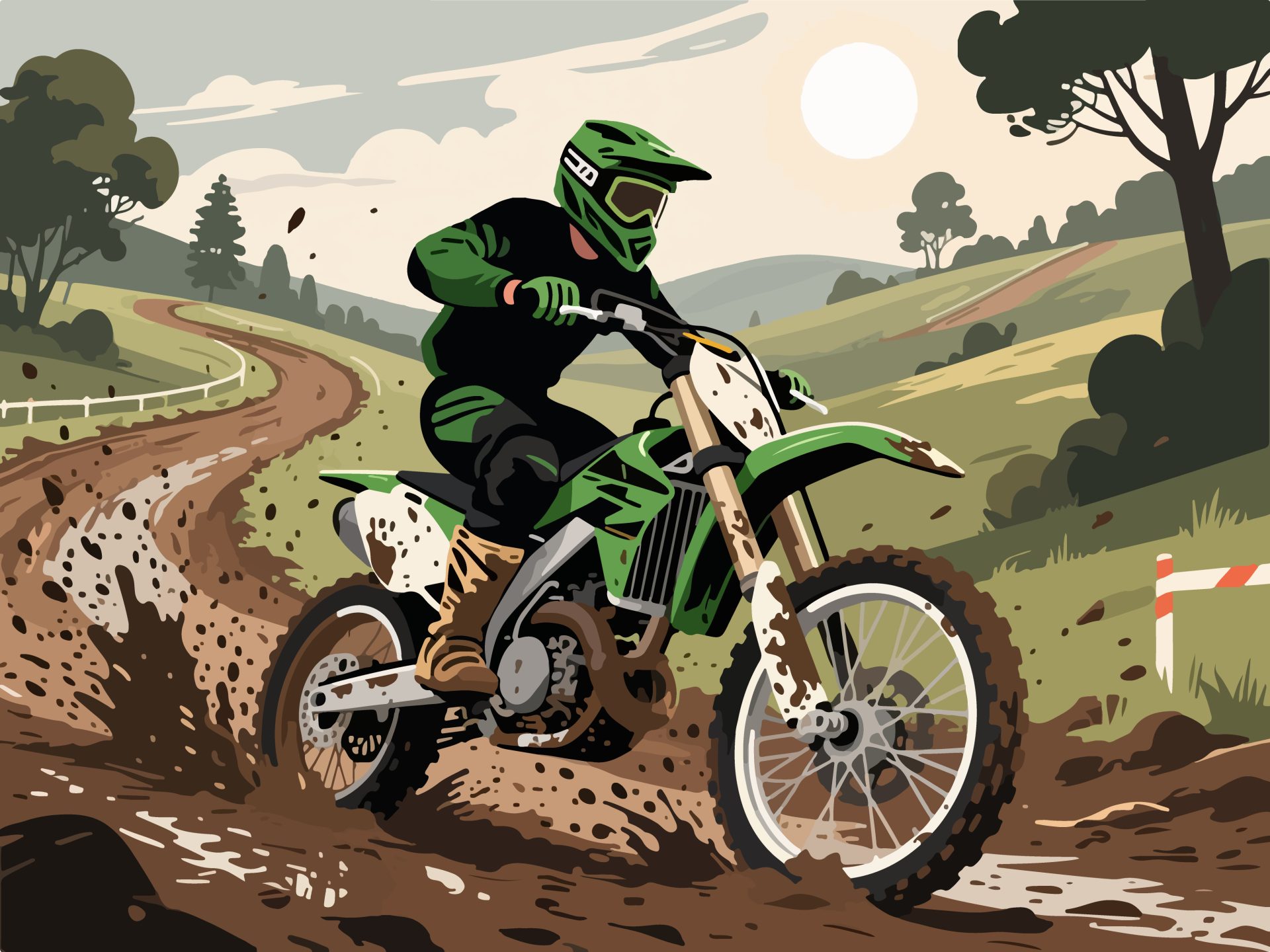 Motocross Rider Racing Through Muddy Track - 2D Vector
