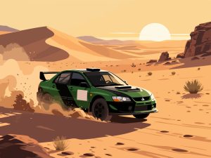 Rally Car Racing Across Desert Terrain - 2D Vector Art