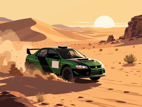 Rally Car Racing Across Desert Terrain - 2D Vector Art