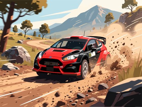 Rally Car Racing on Dirt Road - Flat 2D Vector Illustration