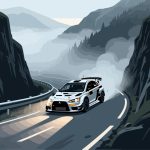 Rally Car on Foggy Mountain Road - 2D Vector Illustration