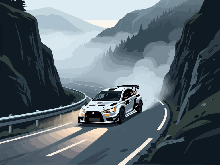Rally Car on Foggy Mountain Road - 2D Vector Illustration