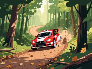 Rally Car Racing on Forest Trail - 2D Vector Illustration