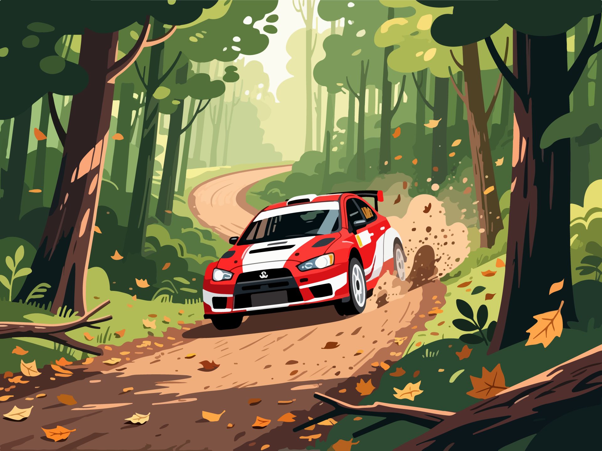Rally Car Racing on Forest Trail - 2D Vector Illustration