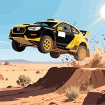 Rally Car Jumping Over Dirt Ramp - 2D Vector Illustration