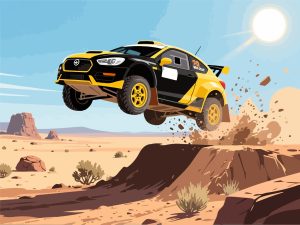 Rally Car Jumping Over Dirt Ramp - 2D Vector Illustration