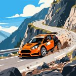 Rally Car Racing on Mountain Pass - 2D Vector Design