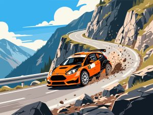 Rally Car Racing on Mountain Pass - 2D Vector Design