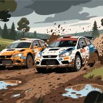 Rally Cars Racing on Muddy Track - 2D Vector Illustration