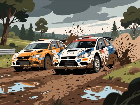 Rally Cars Racing on Muddy Track - 2D Vector Illustration