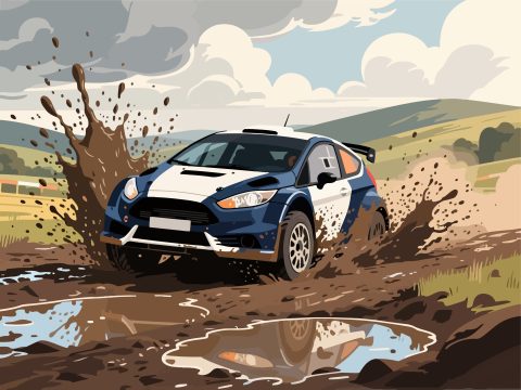 Rally Car Racing Through Muddy Course - 2D Vector Design
