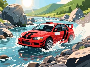Rally Car Racing Through Rocky Riverbed - 2D Vector Art